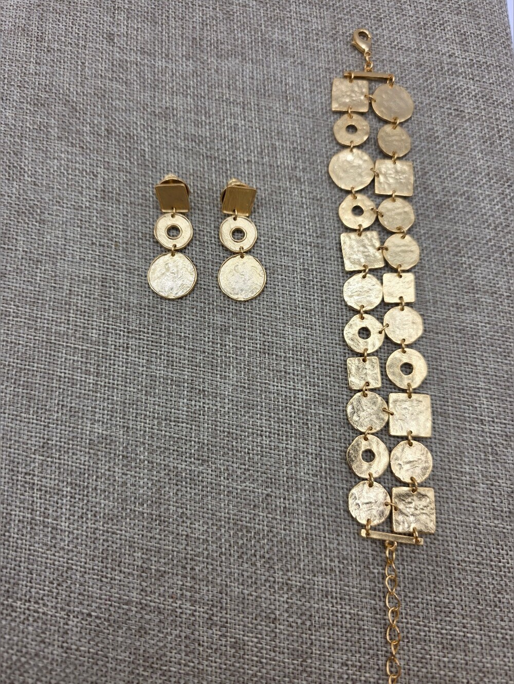 Gold Textured Disc Drop Earrings and Bracelet